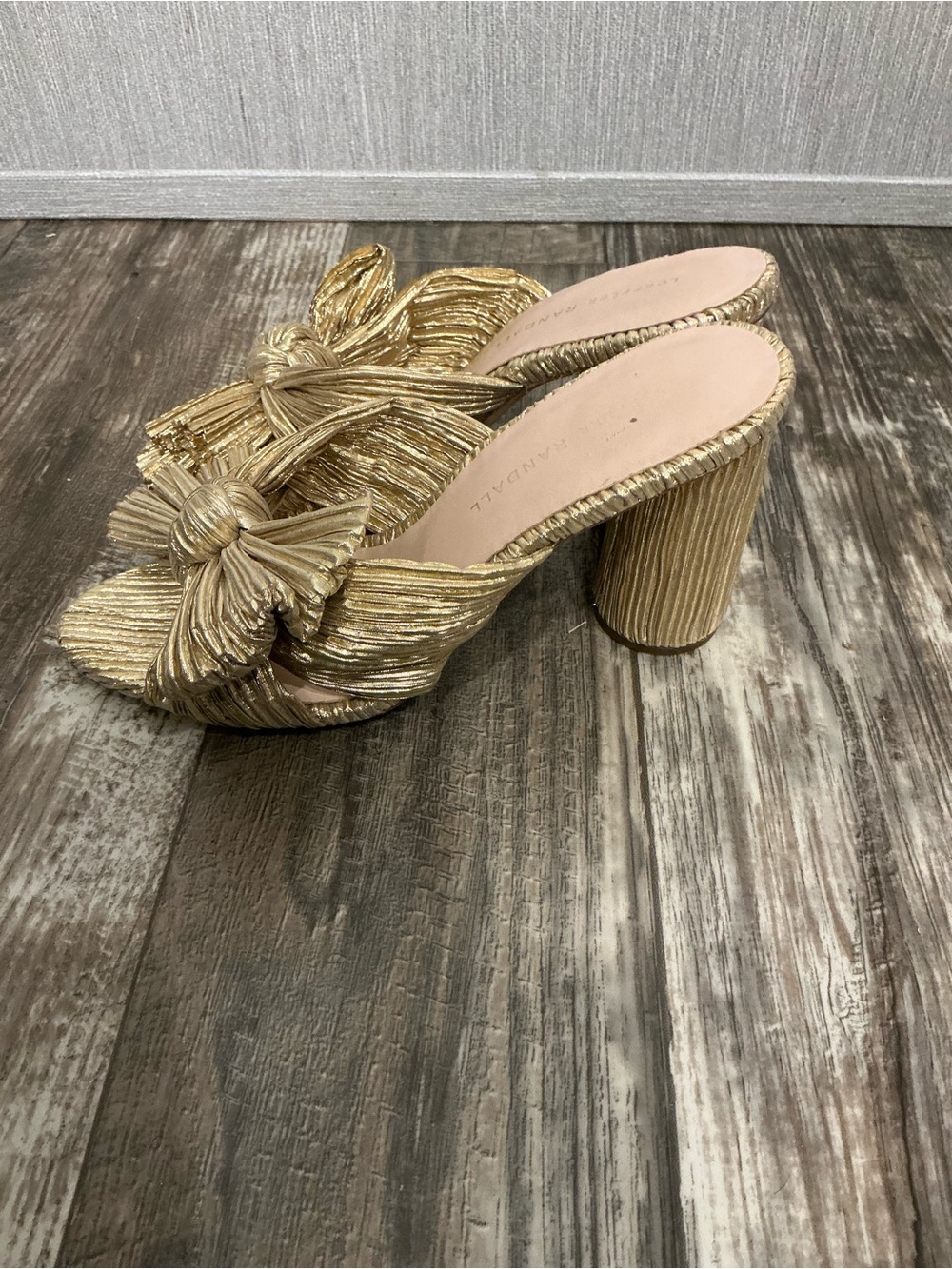 Loeffler Randall Gold Pleated Bow Block Heel Mules Size 6.5 - Picture 8 of 16